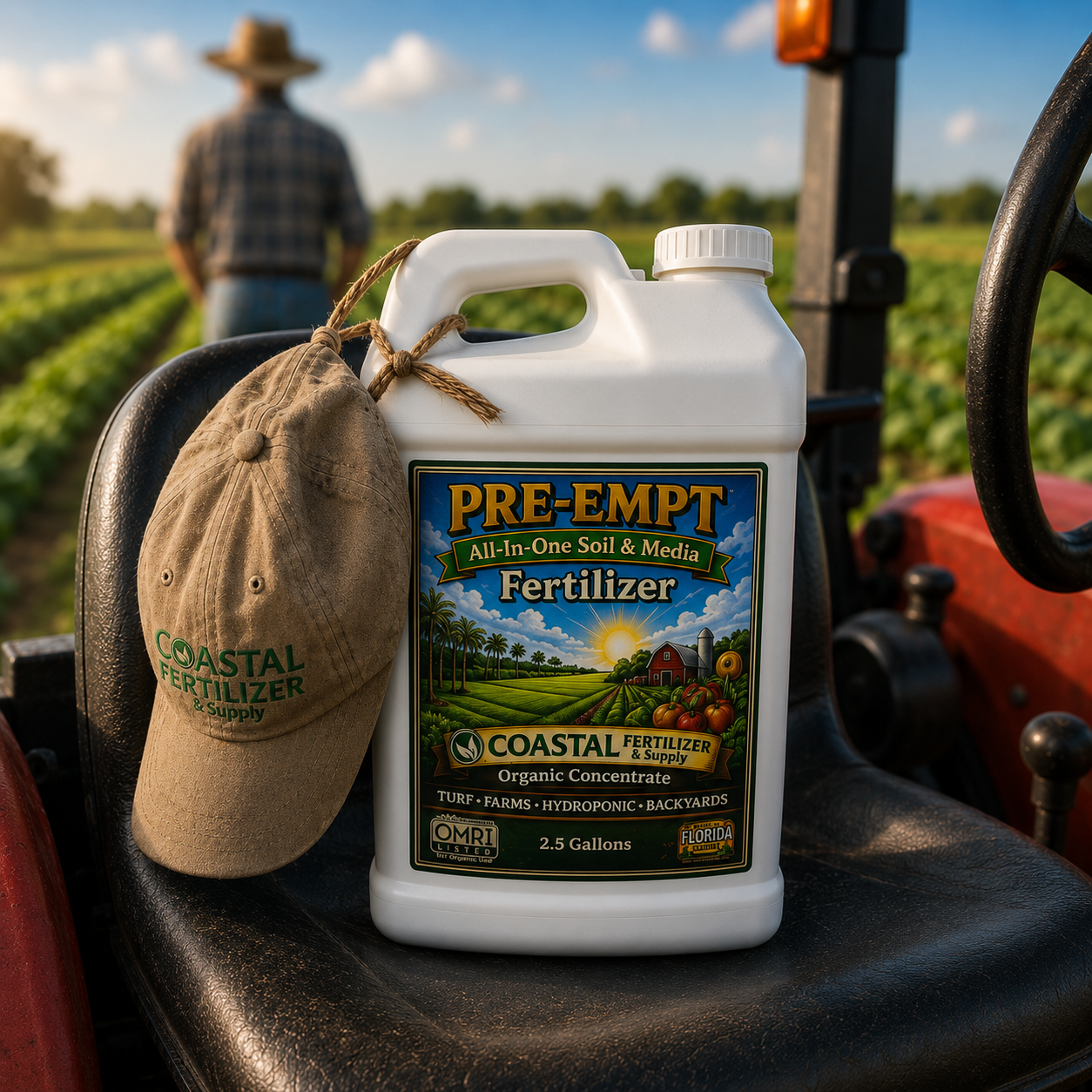 PreEmpt Product Image on tractor at farm - farmer in background
